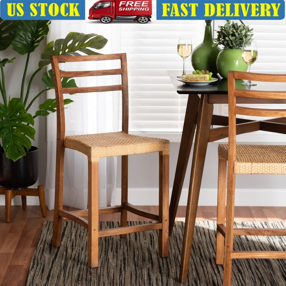 

Mid-Century Modern Counter Stool Solid Wood Frame Natural Rattan Seat Ergonomic Design Footrest Fully Assembled Dining Room
