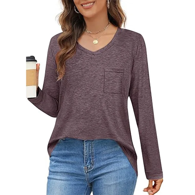 Women's New Long Sleeved T-shirt Casual Loose V-neck Waistband Pocket Shirt