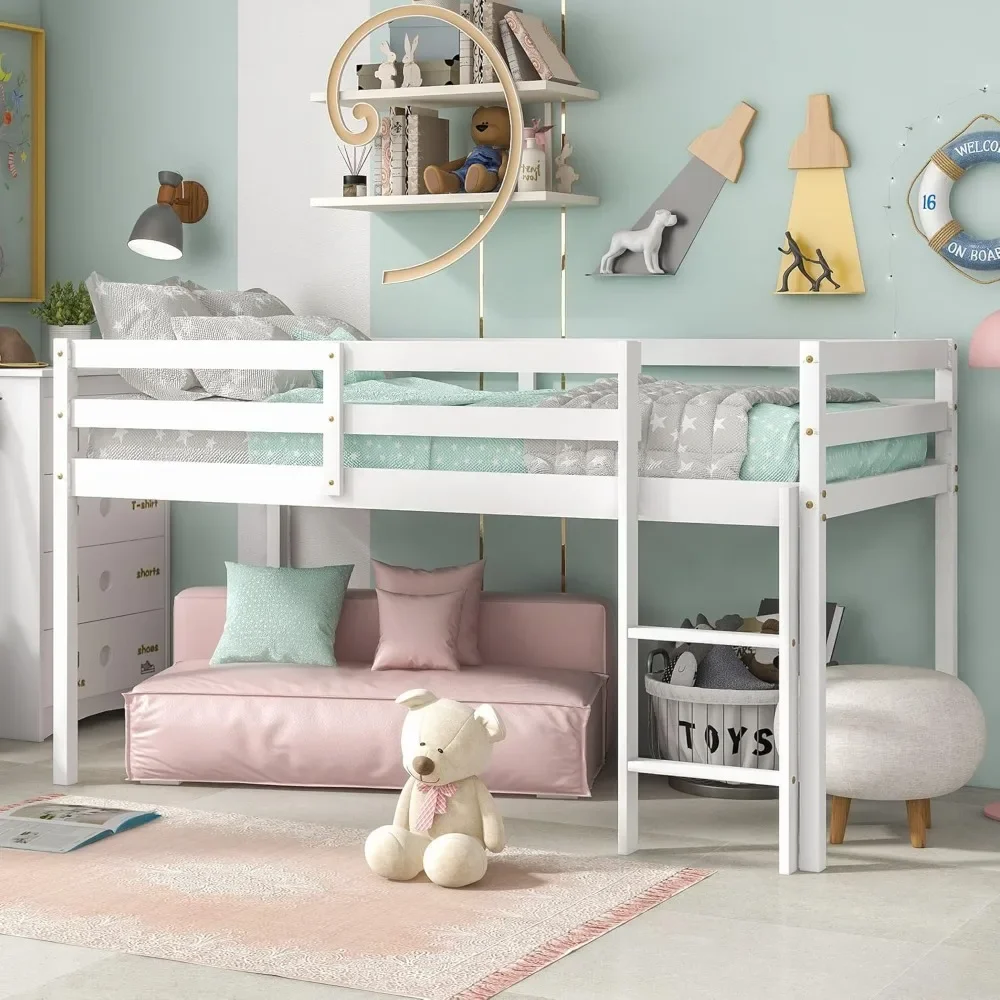 Loft Bed for Kids with Ladders and Guard Rails,Solid Wood and Sturdy Low Loft Bed Frame for Boys Girls ,No Box Spring Needed