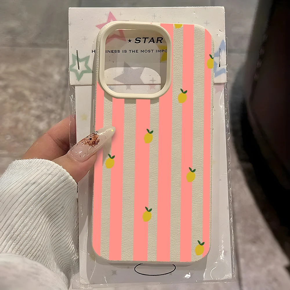 Capa de Celular Rosa Bege com Listras e Estampa de Limão para iPhone 17 16 15 14 13 12 11 Pro Max 14 15 Plus 17 Air X Xs XR, Capa Macia de Lichia