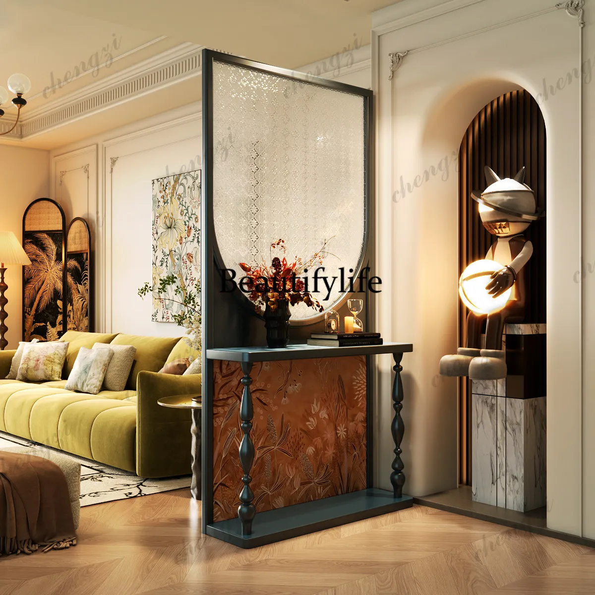 Entry entrance partition screen living room blocking glass solid wood American retro glass rack