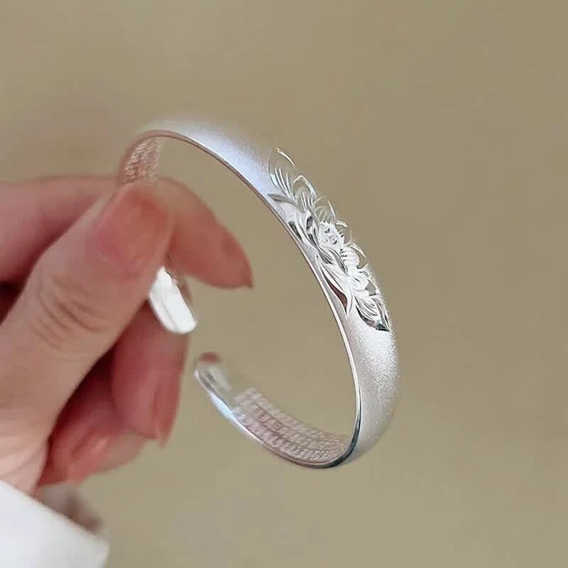 999 Sterling Silver Open Cuff Bangle for Women, Carved Lotus & Inner Scripture Vintage Silver Bracelet Gift