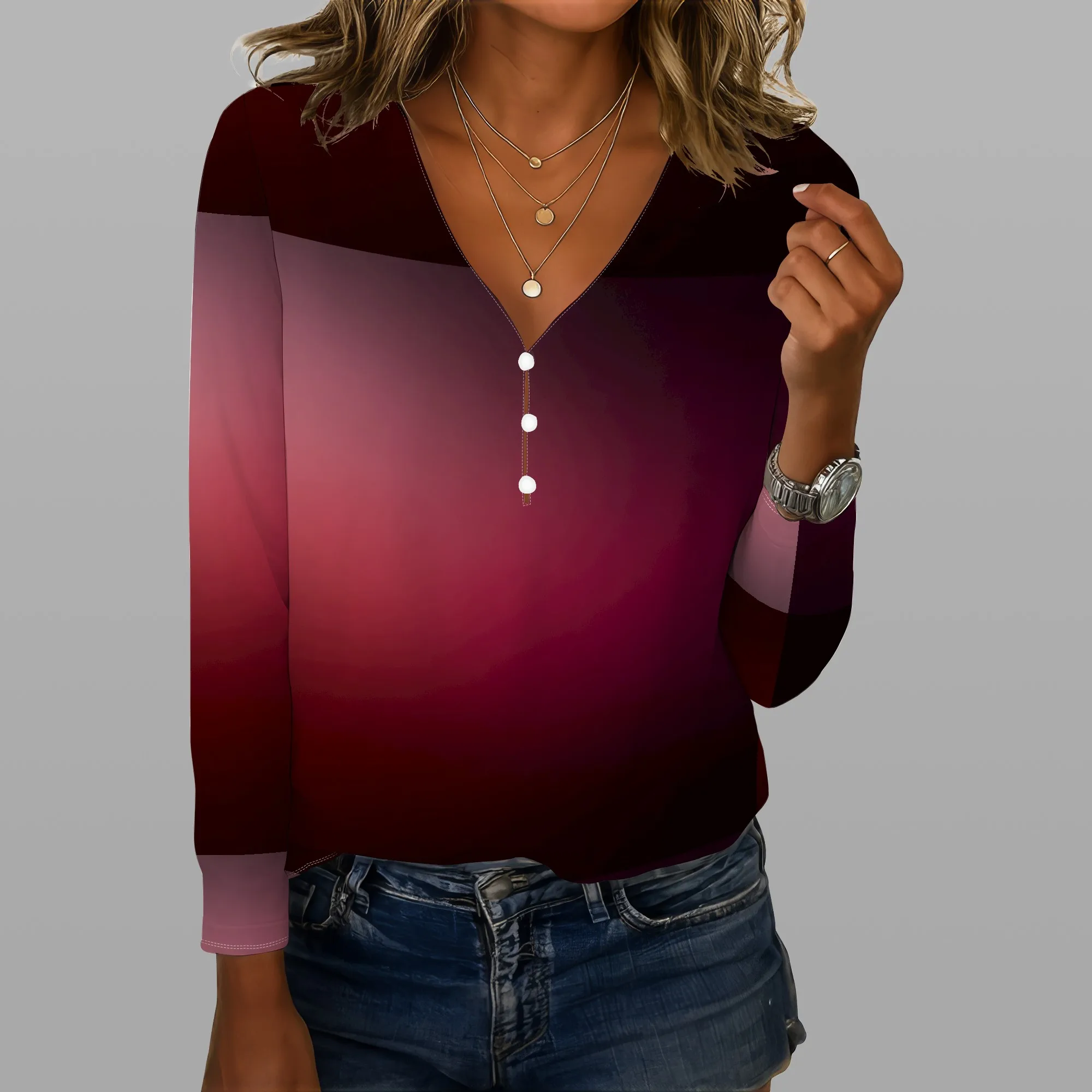 Camicie con scollo a V a maniche lunghe da donna Pullover con bottoni alla moda in colore sfumato Top Camicette floreali comode casual autunno inverno
