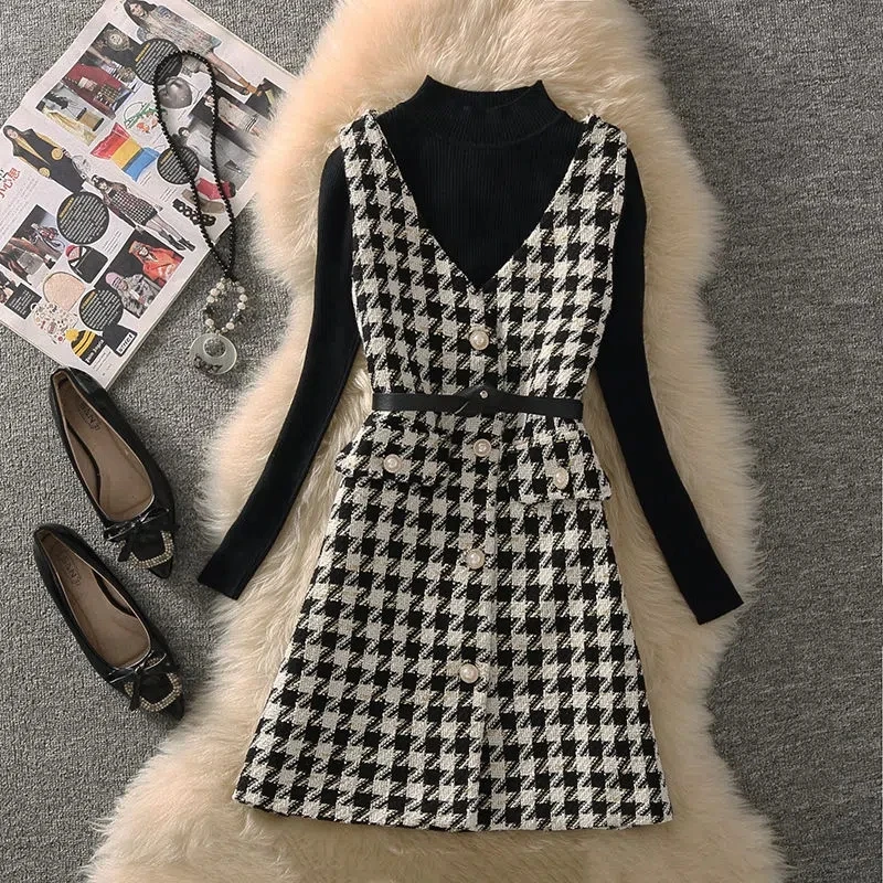 Korean Mid-Length Houndstooth Tweed Vest Jacket 2 Piece Set Women Vintage Long Waistcoat With Belt And Knitted Sweater Chic Suit