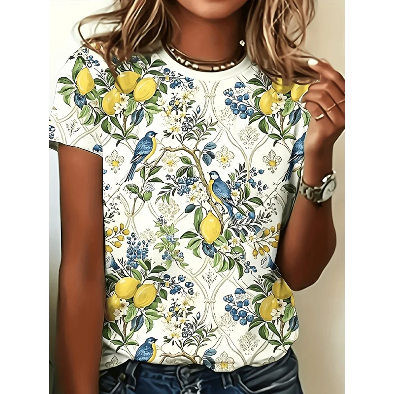 2026Lemon Bluebird Print T Women's T-Shirt Springtime Healing Feeling Everyday Casual Versatile Top