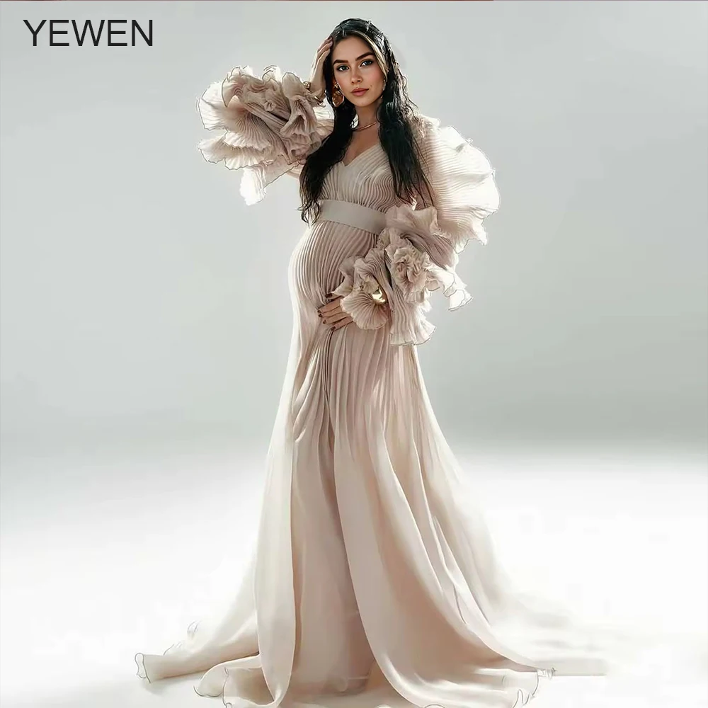 

Maternity Dress for Pregnant Women for Photo Shoot V Neck Pleated Organza Long Flowy Maternity Dresses for Pregnant Photography