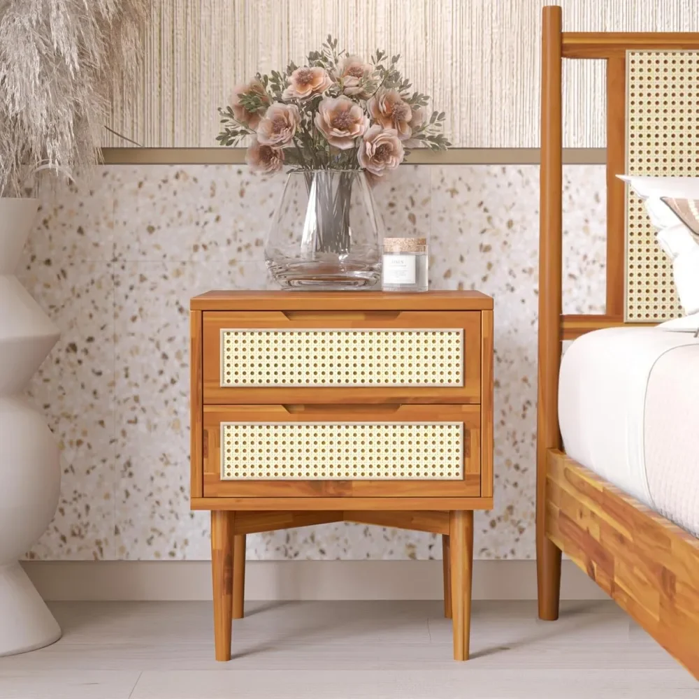 

Solid Wood Rattan Nightstand,Fully Assembled, for Bohemian & Mid Century Style Bedroom,Side Table/End Table