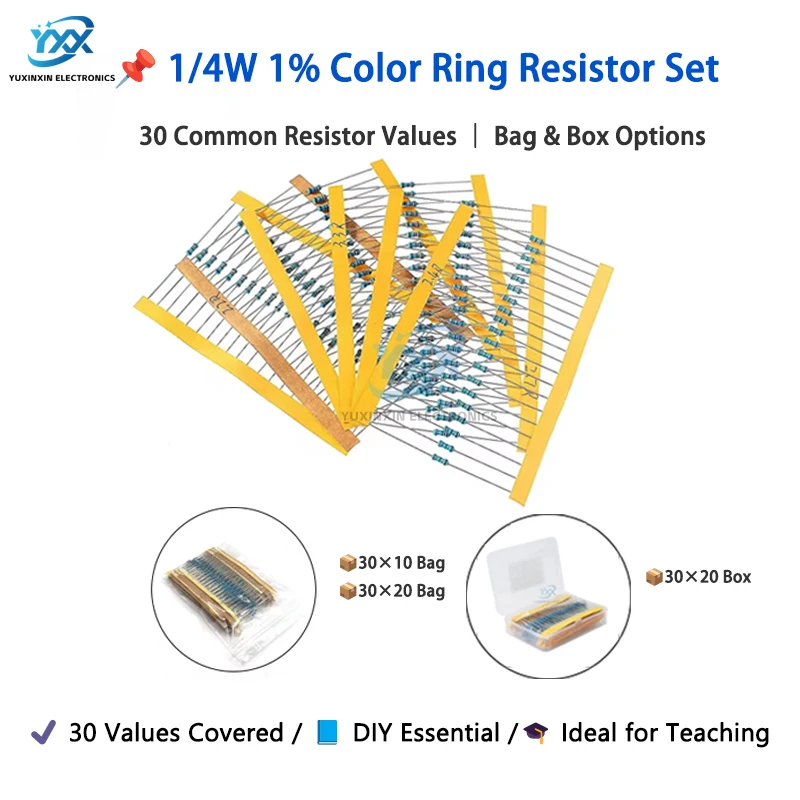 300/600 peças 1/4w 1% resistencias kit de resistores de filme de metal 0Ω-1m conjunto de pacote eletrônico diy para reparo arduino-opção de caixa ou bolsa