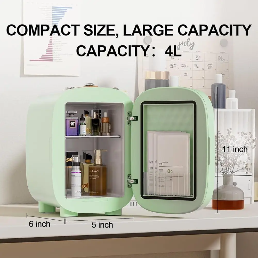 Skincare Mini Fridge LED Light Mirror 4L Low Noise Dual Cooling Heating Portable Design Frost Free Beauty Organizer