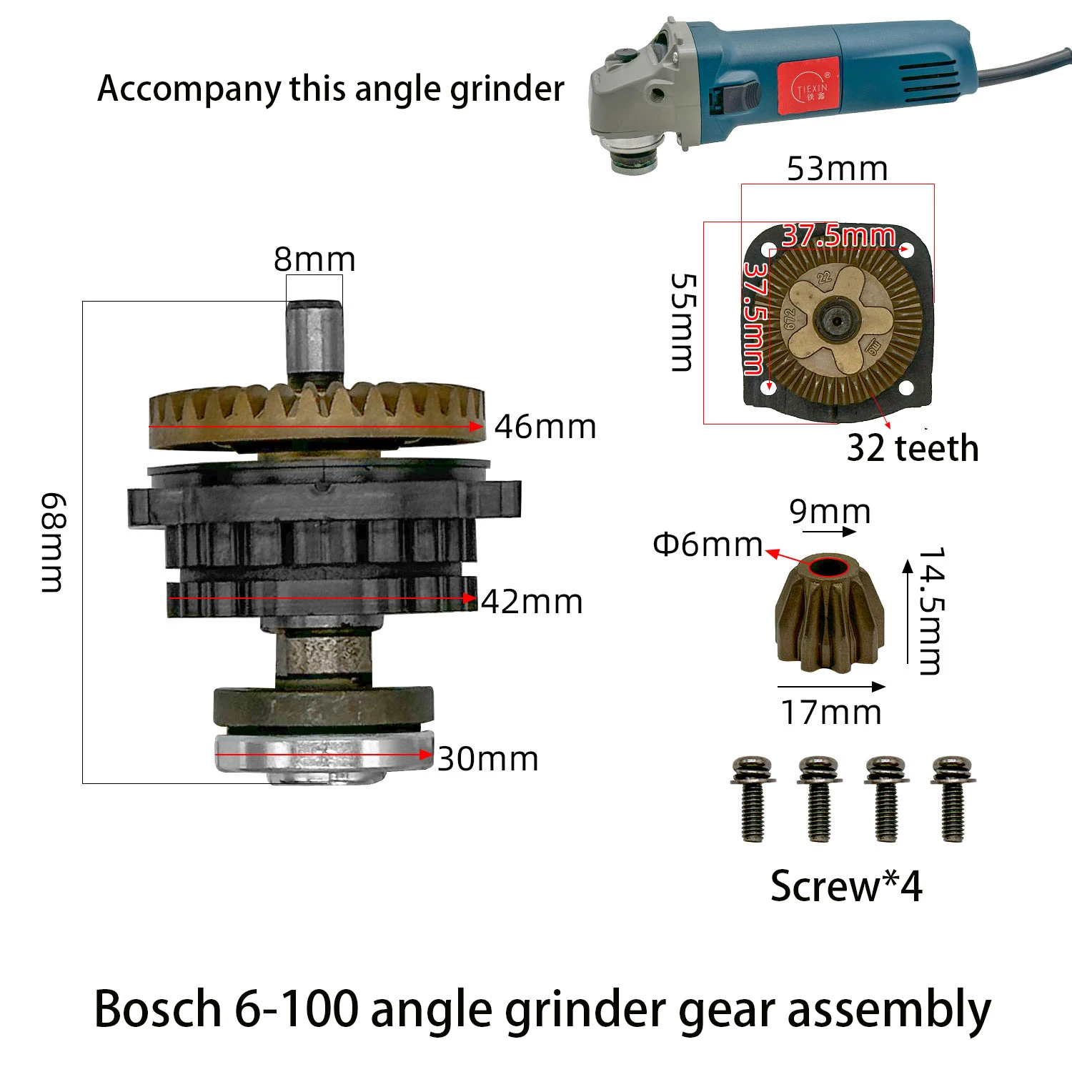 1 Satz Winkelschleifer-Zahnradbaugruppe für Bosch GWS6-100 Winkelschleifer-Ersatzteile Elektrowerkzeug-Zubehör