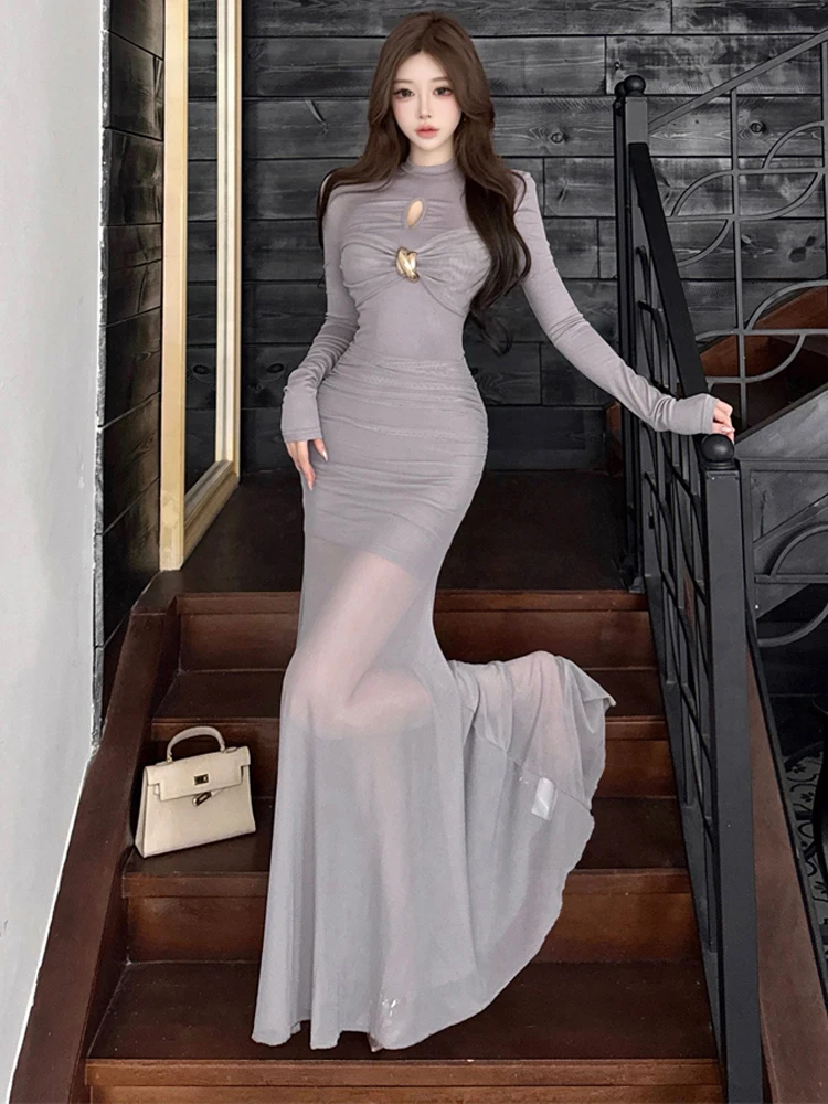 Vestido de noche ajustado de manga larga de tul gris para mujer, vestido de noche con nudo recortado, dobladillo de sirena, elegante, de lujo, para fiesta de graduación