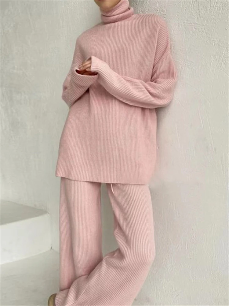 Autumn Winter 2 Pieces Women Sets Knitted Tracksuit Turtleneck Sweater and Wide Leg Jogging Pants Pullover Suit 2022 New