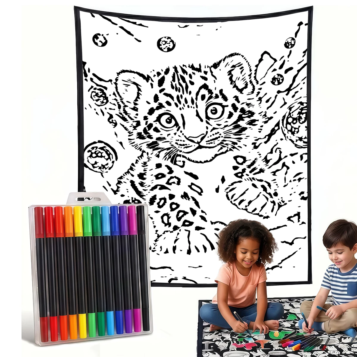 Snowy Blue Eyed Leopard DIY Cozy Coloring Blankets -24 Markers, Cozy Velvet Ideal For Daily Use Home Decor And Kids Spaces