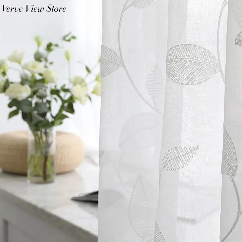 

White Leaf Sheer Curtain Korean Embroidered Tulle For Living Room Window Curtain For Bedroom Kitchen Voile Blinds Drapes Decor