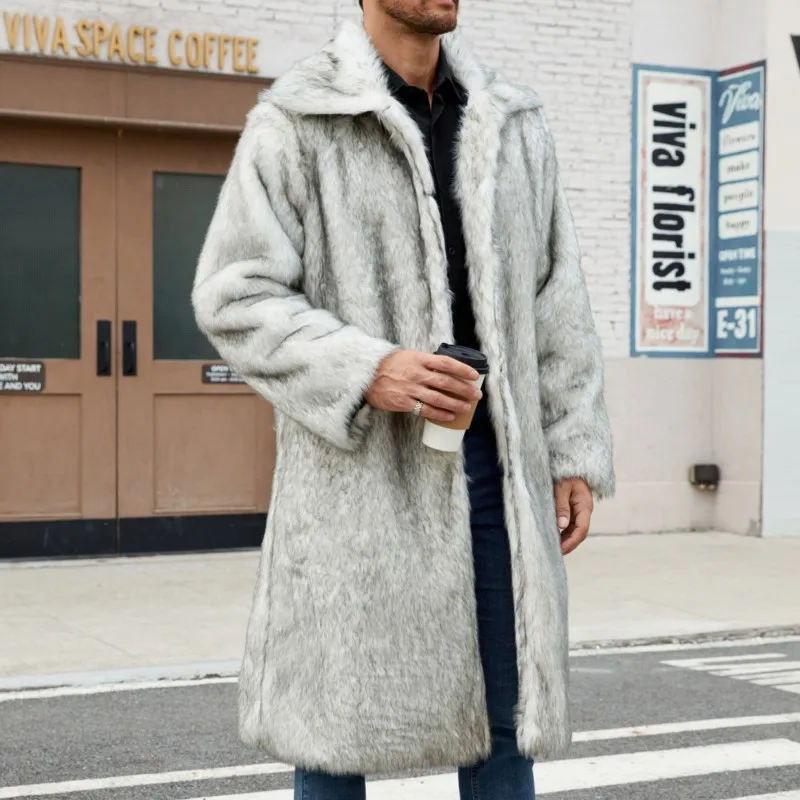 

2025 Зимние утепленные теплые куртки Пальто Ретро Мужские меховые пушистые длинные пальто Куртка Верхняя одежда Искусственный мех Белый цвет Свободная куртка Топы