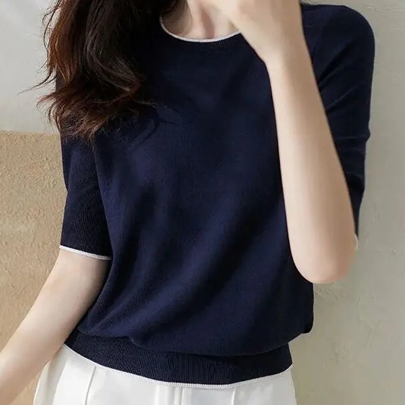 2022 Summer New Women\'s Knitted Sleeve Loose Navy Blue Solid Spliced O-Neck Half Casual Shirts Tops Mujer Blusas Female 2797