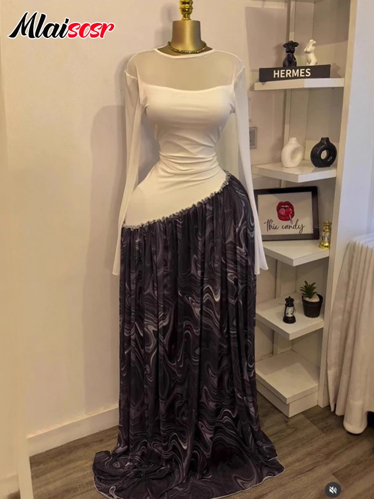 Mlaiscsr maille imprimé Patchwork femmes col rond a-ligne plissée robe Maxi élégante fête vacances soirée anniversaire mariage robes