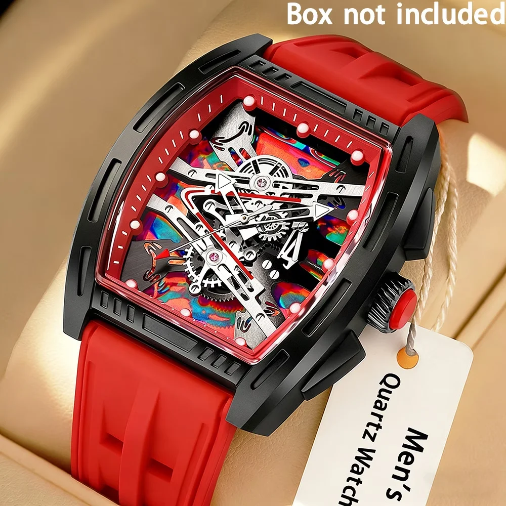 4PCS Fashion Tonneau Dial Men Quartz Watch Jewelry Set Silicone Strap Analog Sport Wristwatches Relogio Masculino（Without Box）