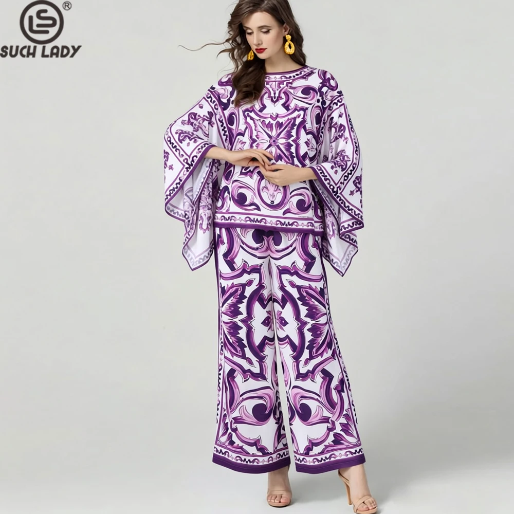 

Women's Two Piece Sets Printed Flowy Bell Sleeve Top & Wide Elastic Waist Leg Pants Suits Fashion Twinsets