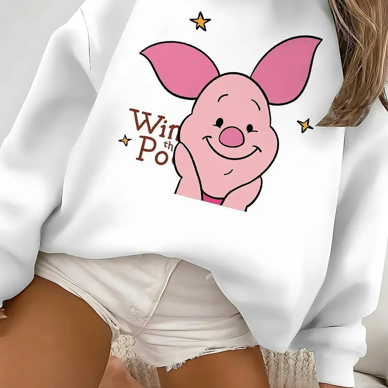 Disney Piglet Women's Round Neck Sweatshirt Pullover Unisex Fleece Fashion Casual  Autumn and Winter Oversized Streetwear