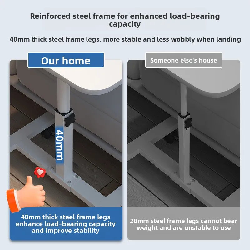 ลิฟต์แบบถอดได้หลายตัวอยู่ด้านข้างโซฟา โต๊ะเล็กข้างเตียง และชั้นวางของข้างเตียง
