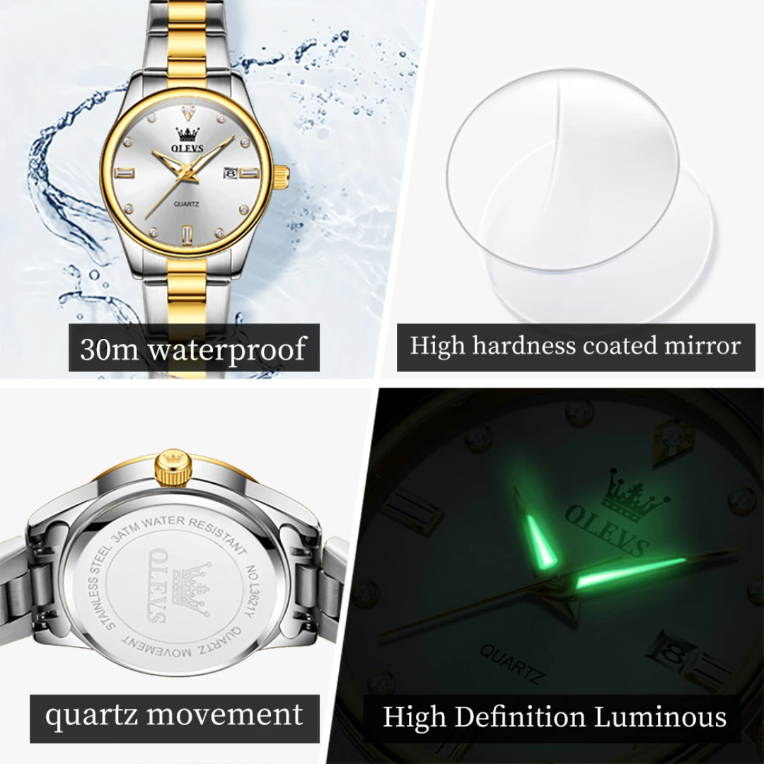 OLEVS-Montre-bracelet à quartz en acier inoxydable, cadran rond, affichage de la semaine, calendrier Shoous, cadeau de mode, 3621