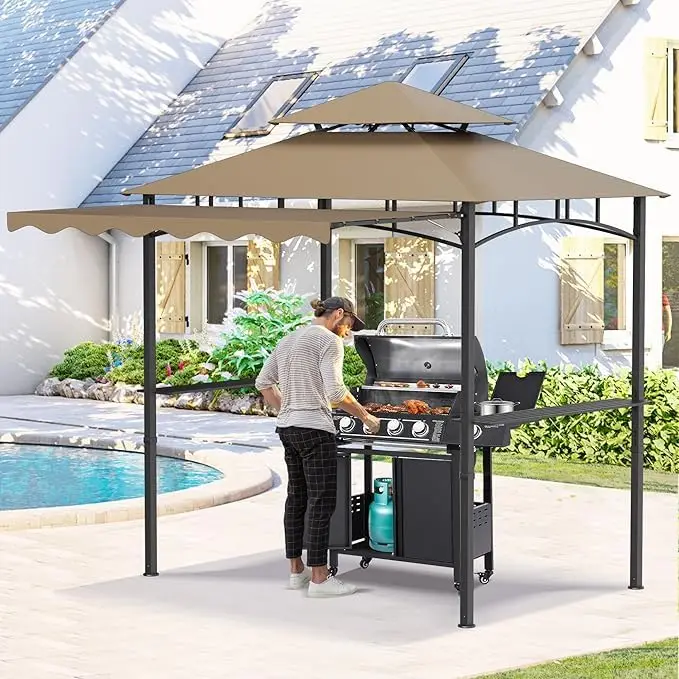 8x8 FT Grill Gazebo BBQ Canopy with Side Awning Double Tier 2 Shelves Hooks Bottle Opener for Patio Backyard, Customized