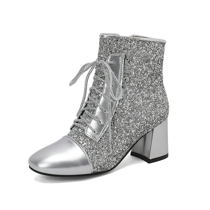 2024 Autumn New Women Chunky High Heels Bling Party Ankle Chelsea Boots Gold Silver Red Black Big Size 34-48