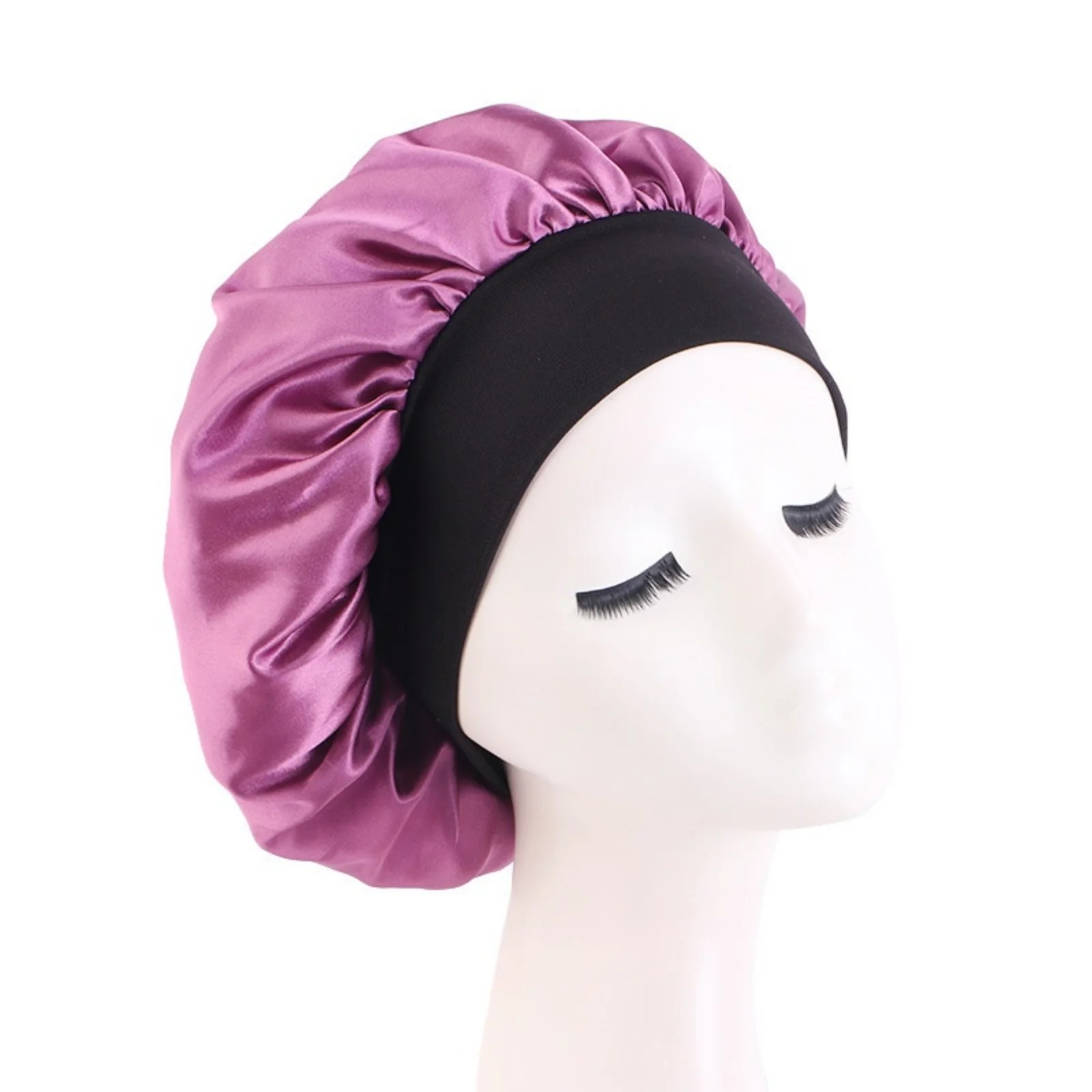 Damen Satin Einfarbige Schlafhauben Breitkrempige Nacht-Schlafmütze Unisex Kopfwickel mit Elastikband Haarpflege-Bonnet – Detail 4