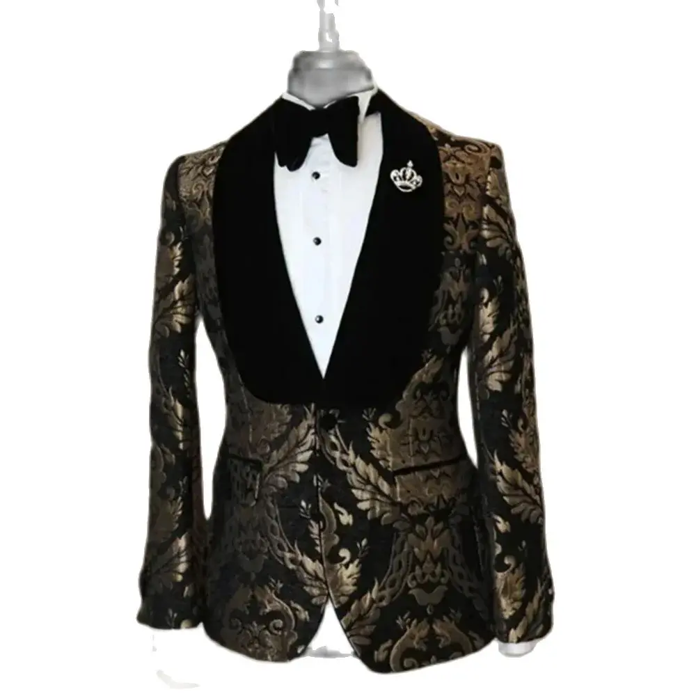 Luxury Jacquard Fabric Suits for Men Black Shawl Lapel Single Breasted Blazer Formal Prom Party Jacket 1 Piece Elegant Clothing