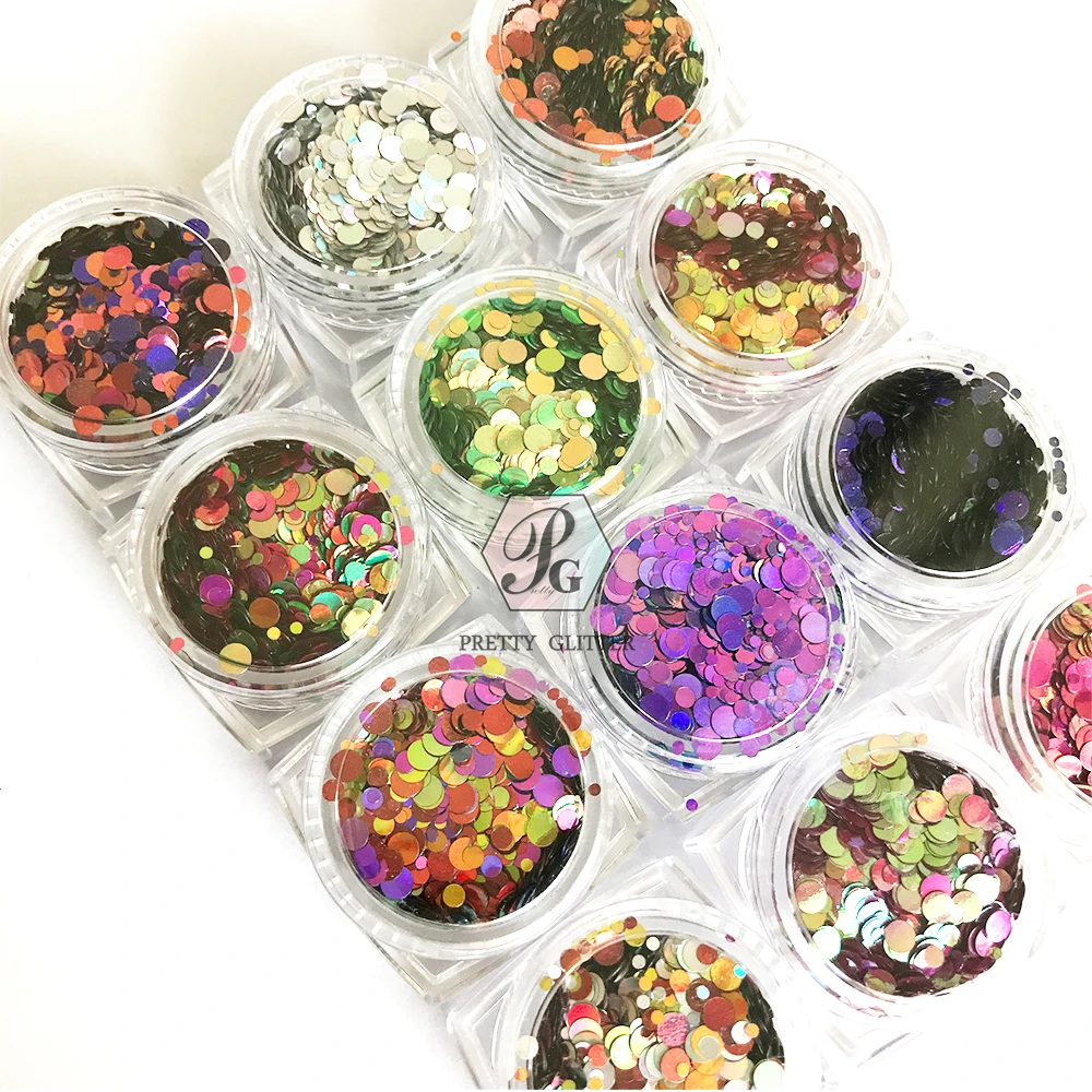 PrettyG 1 Set 12Color Box Color Shift 123MM Dot Mix Sequin Glitter Round Shape Chameleon Glitter For Resin Nail Art Decoration