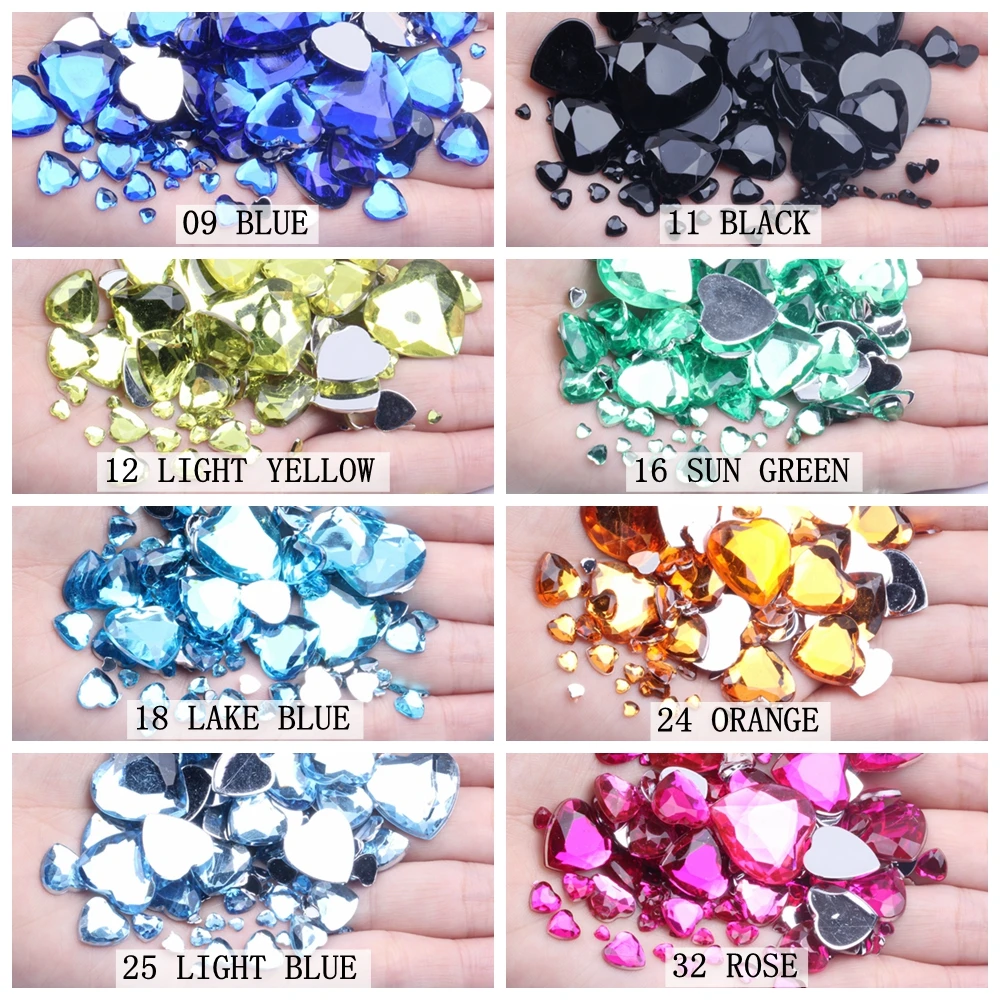 Flat Back Facets Acrylic Rhinestones 14mm 30/200pcs Heart Shape Many Colors Glue On Beads DIY Crafts Garments Decorations