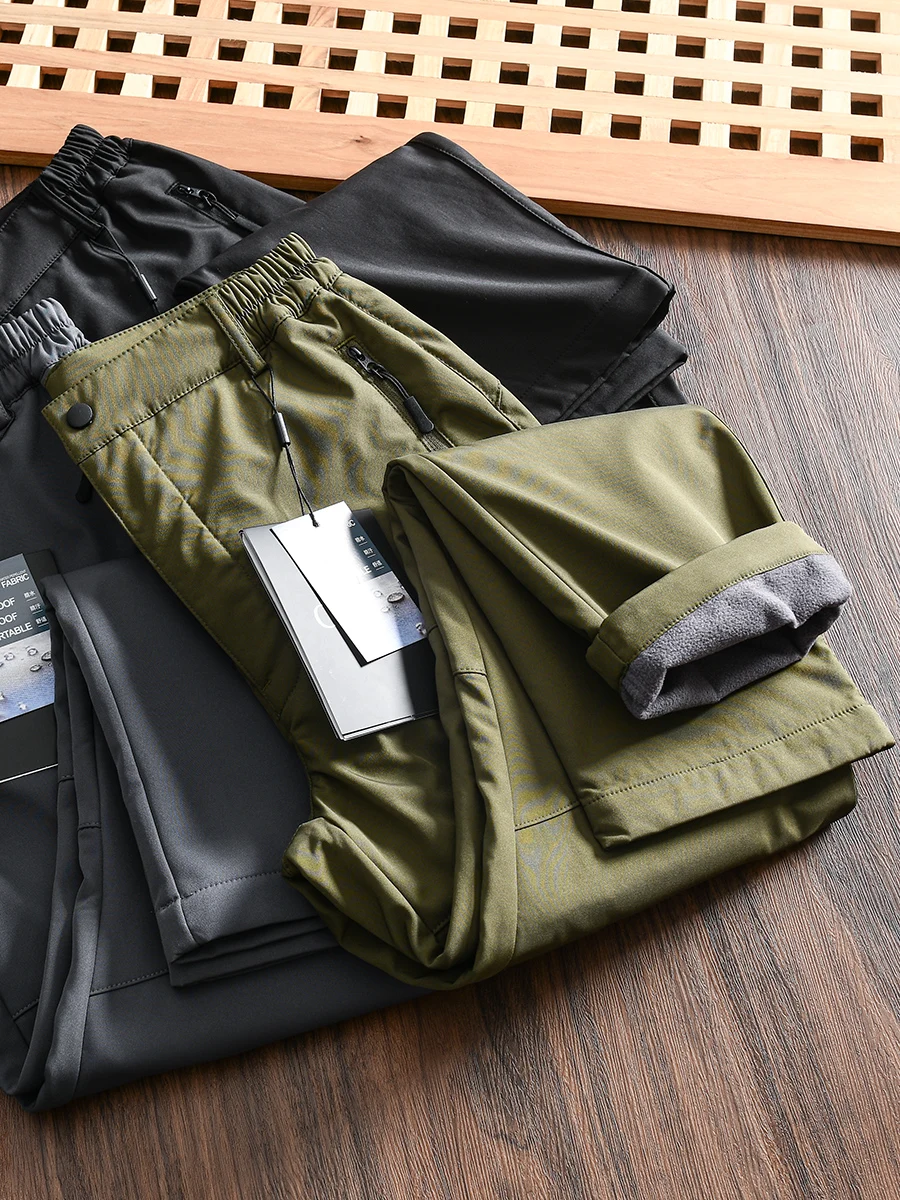 Waterproof Windproof Fleece Lined Thickened Outdoor Casual Pants for Men Loose Splicing Warm Soft  Casual Trousers