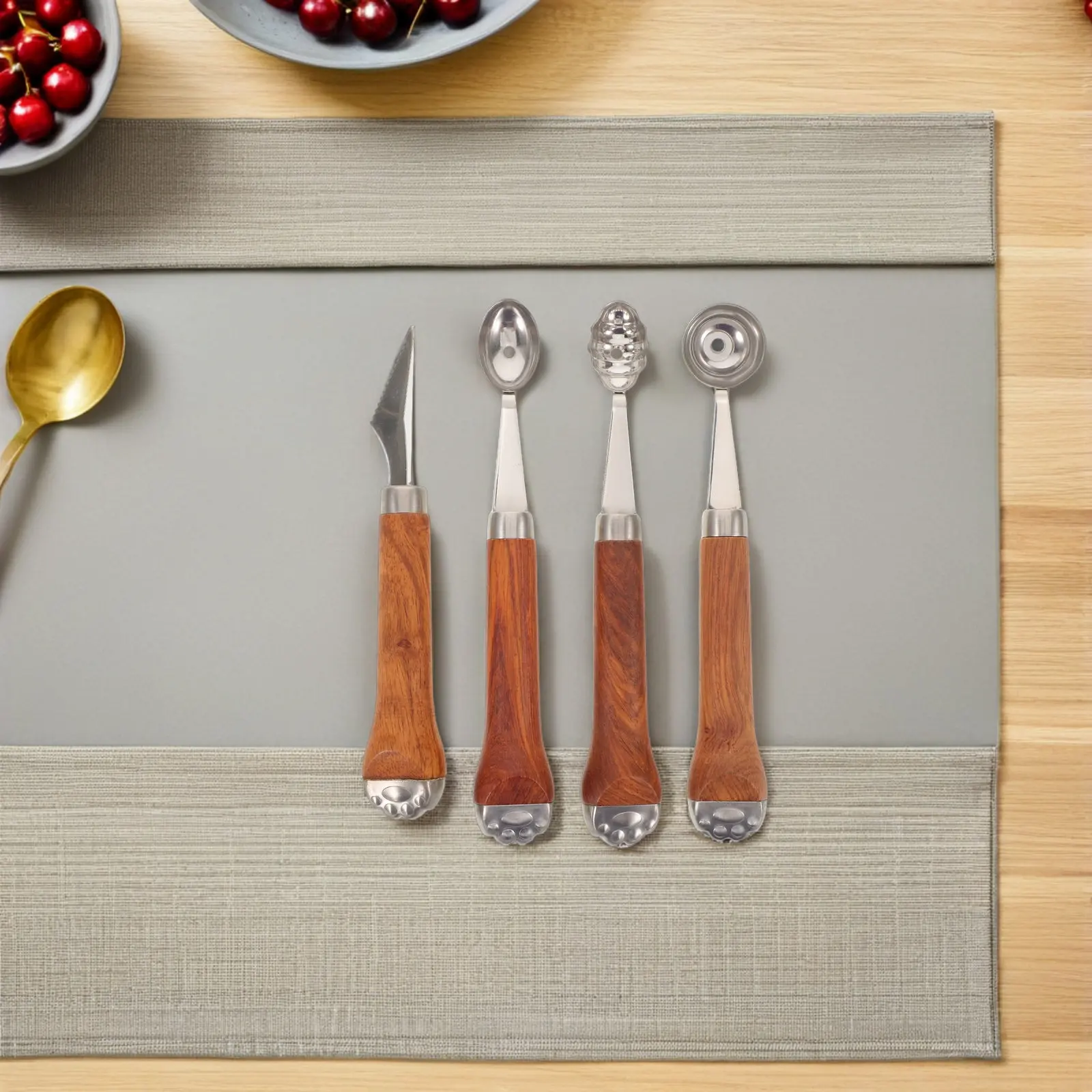 

4Pcs Tools Cat Paw Wooden Handle Melon Ball Maker Serrated Fruit Carving Cutter Watermelon Cantaloupe Ice Cream