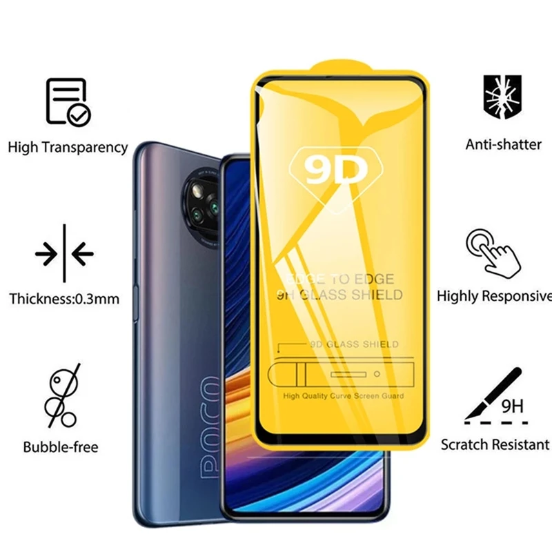 9D Tempered Glass for Mi Poco X3 Pro F3 M3 M4 F5 Screen Protectors for Xiaomi Redmi Note 11 10 9 8 7 Pro 9T 9s 10s 9A 9C Glass