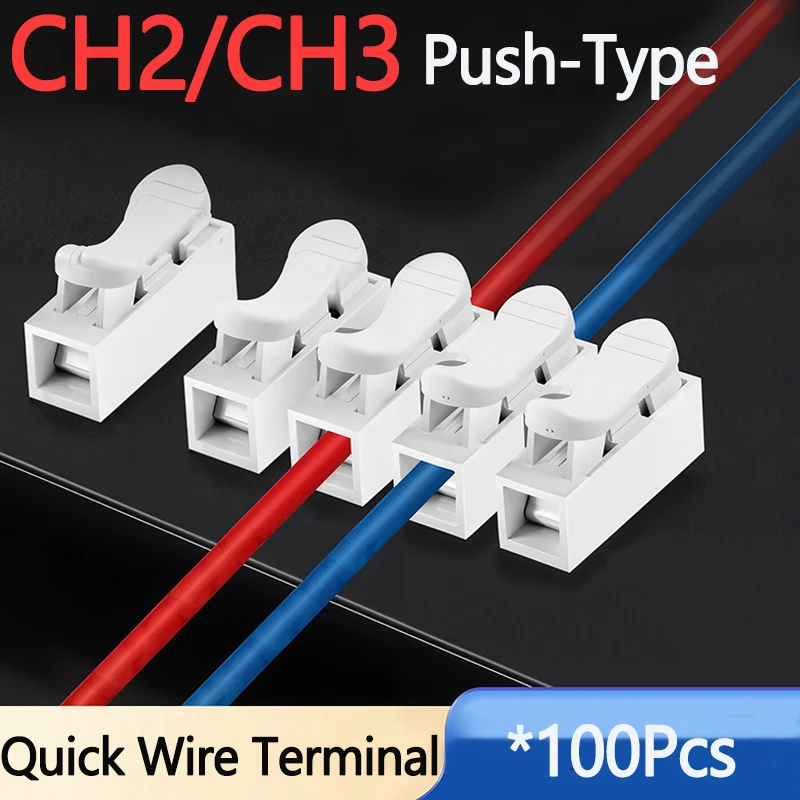 

100Pcs CH2 CH3 5A 250V Push Quick Wire Connector 2/3 Pin Spring Loaded for Electrical Projects for Wiring Flame Retardant