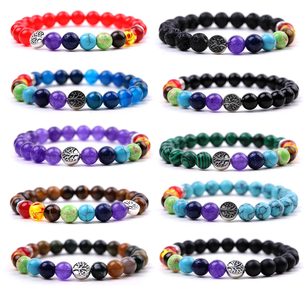 10pcs 8mm Black White Stone Beads Bracelet 7 Chakra Tree of Life Charms Strand Energy Jewelry for Women Men Jewelry Gift