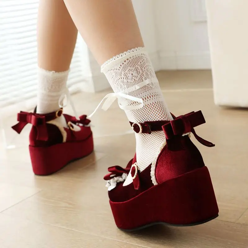 REAVE CAT Lolita Girls Pumps 32 33 Ankle Strap Bowknot Flock Suede Platform 7.5cm Big Size 42 43 Sweet Dating Women Shoes