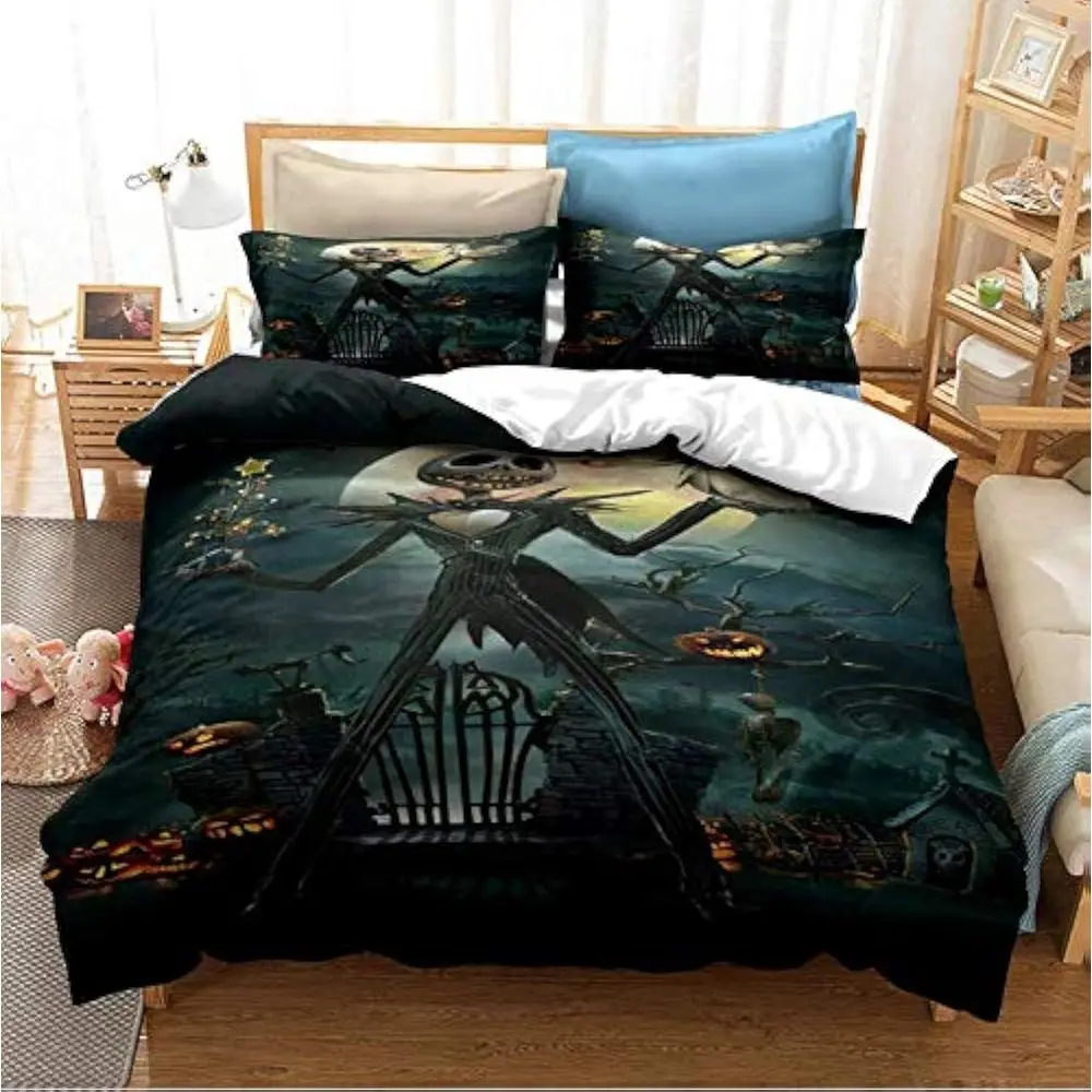 

Queen Size Nightmare Before Christmas Skull Duvet Cover Set with 2 Pillowcases, 100% Soft Microfiber