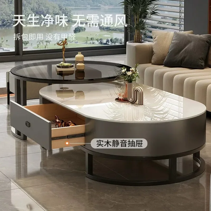 Modern Light Luxury Oval Rock Slab Coffee Table for Living Room Small Apartment Home Minimalist Tea Table Design