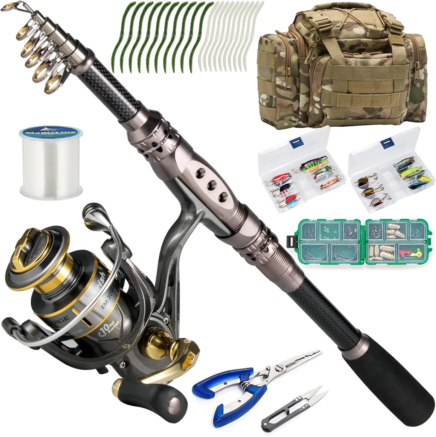 Fishing Rod and Reel Combos 125-Pieces Telescopic Spinning Pole Reel Fishing Gear Equipment Set for Adult Collapsible Travel Com