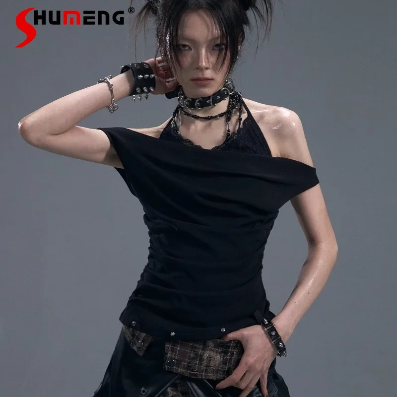 

Dark Punk Lace Halterneck Pleated Waist Slim Fit T-shirts Camisoles Variety Of Ways To Wear Fake Two-piece Knitted Vest Ladies