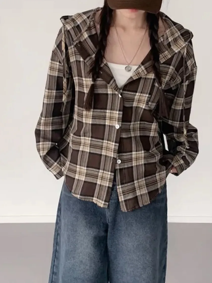 

Ретро корейский клетчатый длинный све с капюшоном irt Jaet женский свободный универсальный Elely кардиган на одной пуговице Sli Top