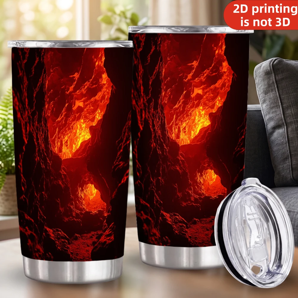 20oz Glowing Lava Cave Printed Stainless Steel Tumbler with Lid and Straw, Fiery Volcanic Magma Cavern Red Fire Landscape Vacuum Insulated Travel Coffee Mug Gifts for Men