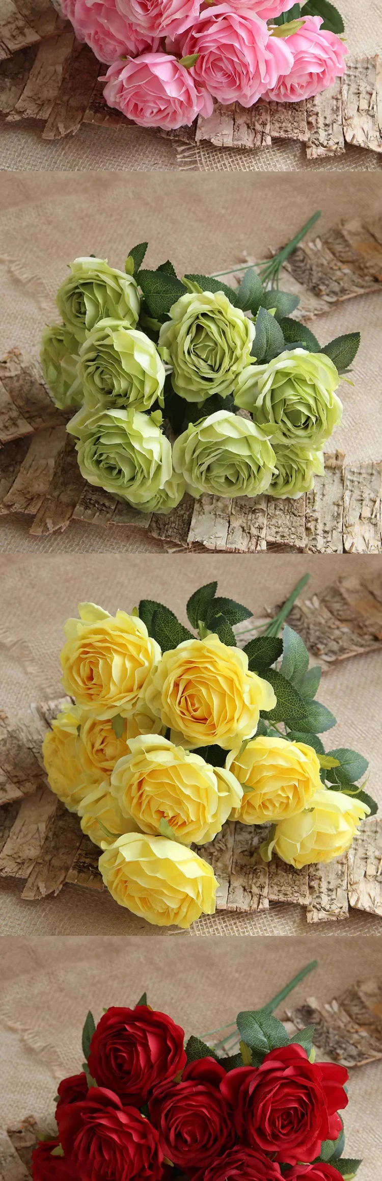 10 Rosenköpfe im europäischen Stil, künstliche Pfingstrosen, Brautstrauß, retro-romantische Hochzeitsdekoration, Wohnzimmer, Heimdekoration, Event-Layout – Detail 4