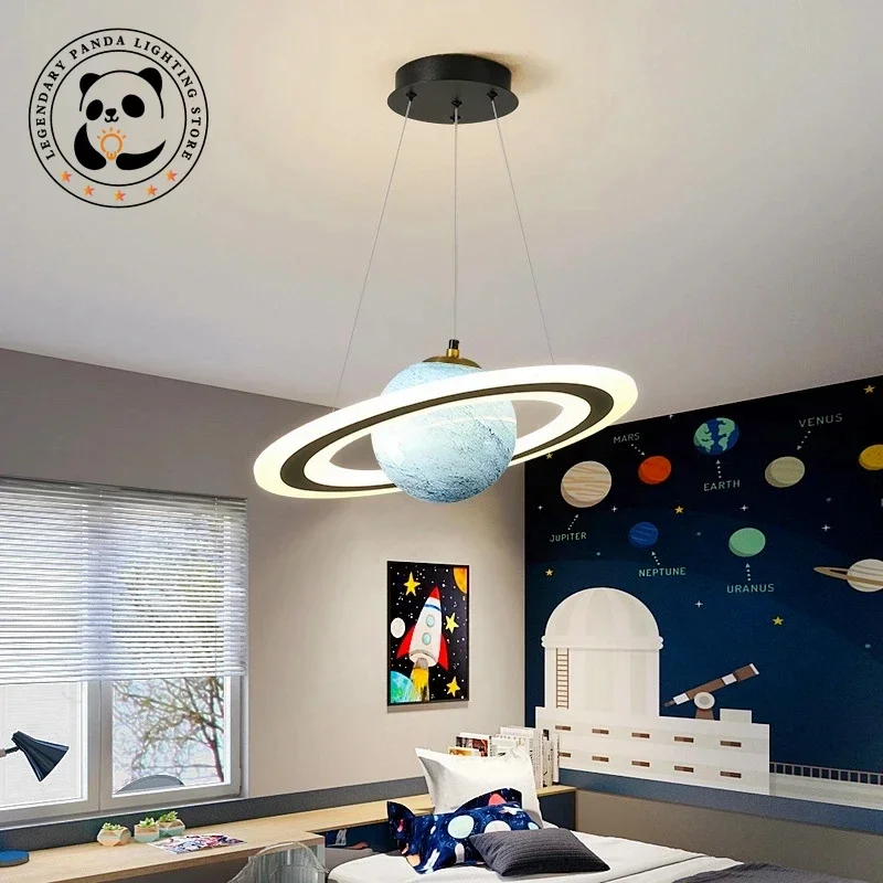 Luces colgantes creativas modernas, pantalla de lámpara circular de Planeta, candelabros de techo para habitación de niños, accesorios de decoración de arte para interiores