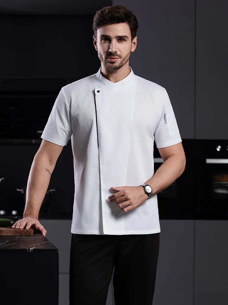 قميص أسود أبيض لطهي الطعام، معطف طاهٍ للمطبخ، زي عمل معجنات الخباز، ملابس الفنادق، سترة كوك قطنية راقية