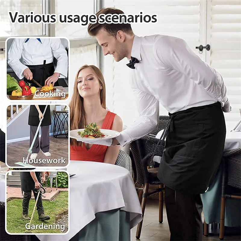 1pcs Thick Polyester Waist Apron Long Tie Strap Large Pocket Uniform For Florist Cafe Versatile Solid Half Body Work Apron