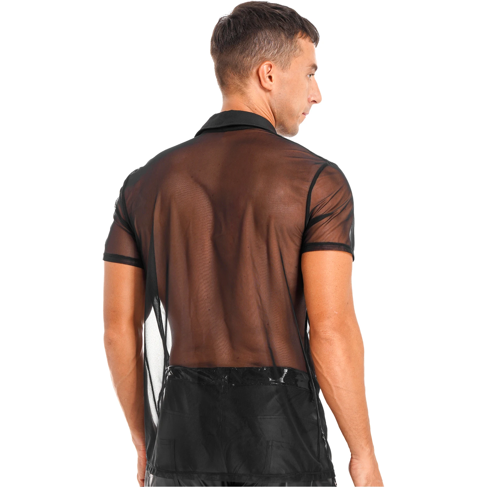 Mens Shirt Tops See Through Mesh Short Sleeve Shirt Rave Clothing Turn-Down Collar Button Sheer Tops Festival Party Clubwear