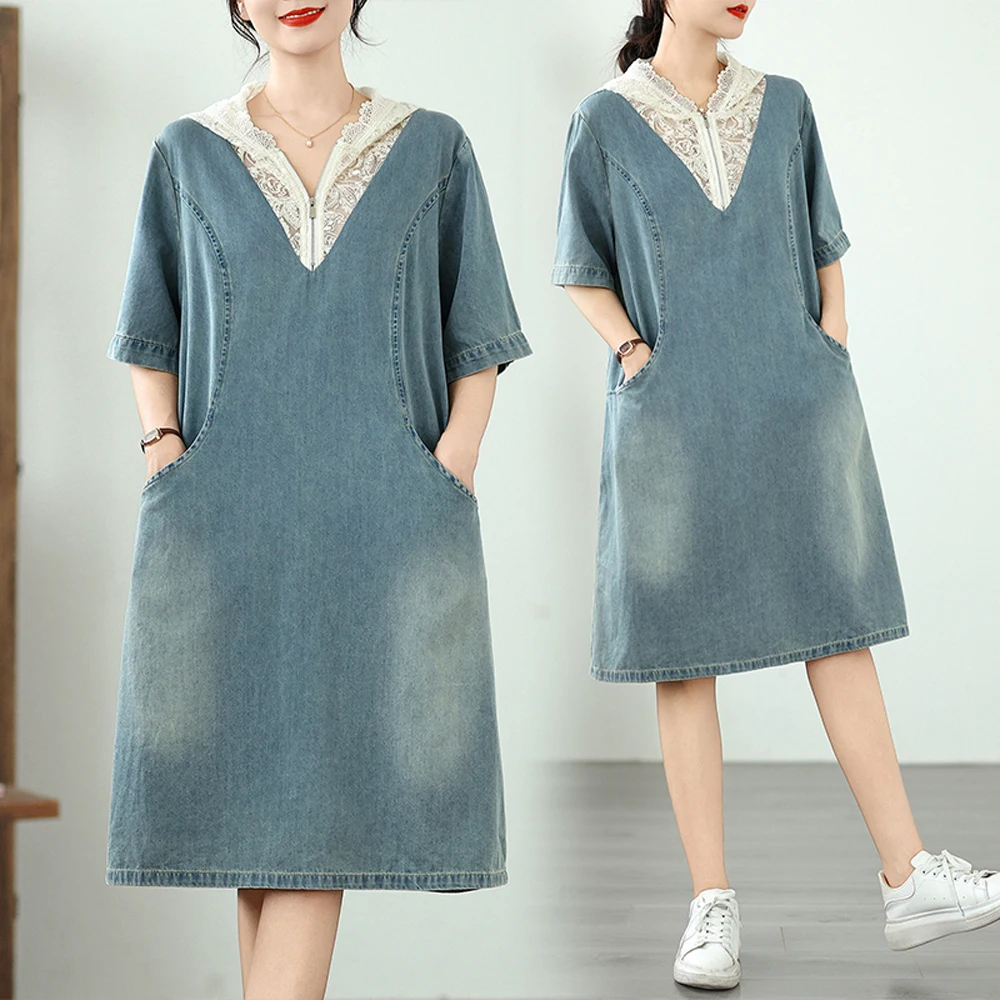 NYFS فستان صيفي 2025 النمط الكوري المرأة فضفاضة حجم كبير كم قصير الدانتيل هود فستان الدنيم رداء Elbise